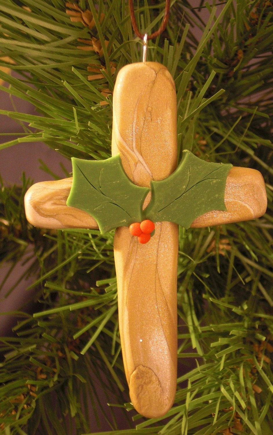 Holly Cross Ornament - Gold Cross Christmas Ornament