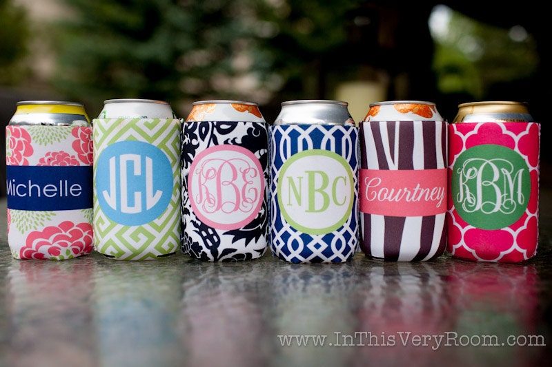 monogrammed drink koozies - choose one from 6 preset designs, customize name/initials only