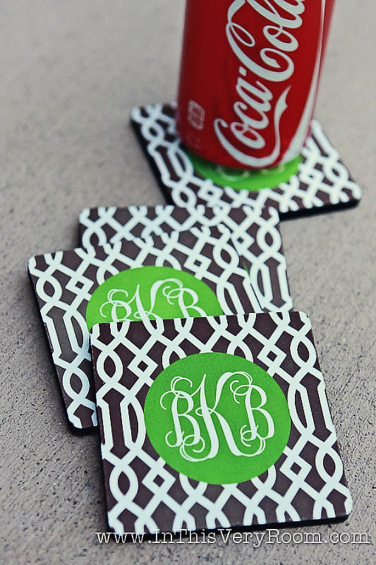 monogrammed coasters - choose one of 6 preset designs, customize name/initials only -  set of 4 (all exactly same)