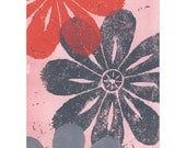 Flower Art Print, Linocut, Red, Black, Gray, Pink Watercolor, linoleum block print, cheerful wall decor, hand pulled print