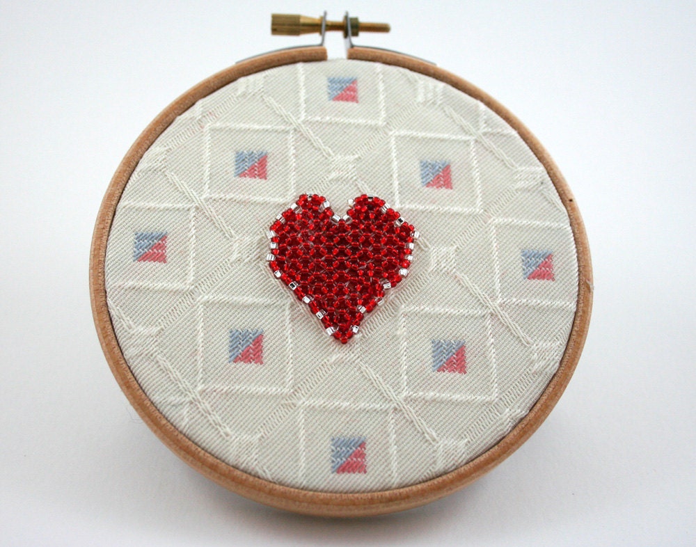 Embroidery Hoop Art, Red Heart, Valentines Day, beads, cream fabric circle, Round Wall Decor, Recycled Fabric, Blue, Salmon Pink, Squares