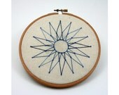 Embroidery Hoop Art, blue star, geometric design, starburst, geometry pattern, 16 points, triangle, circle
