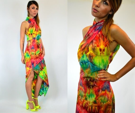 reserved--neon OMBRE tie dye BOHO high slit goddess MAXI dress, extra small - medium