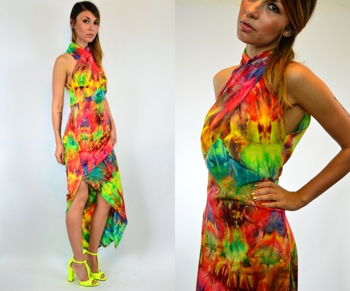 reserved--neon OMBRE tie dye BOHO high slit goddess MAXI dress, extra small - medium