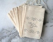 Wedding favor bags, muslin, 3x5. Set of 50.  Mr. and Mrs. with scroll accent in black on natural white cotton bag.