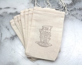 Muslin tea party favor bags, 3x5. Set of 25.  Vintage style teacups in chocolate brown on natural white cotton.