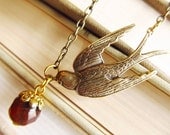 Antique Swallow Charm Necklace-Dark Amber Glass Bead-Gold Plated Cap Antique chain (GREAT GIFT)