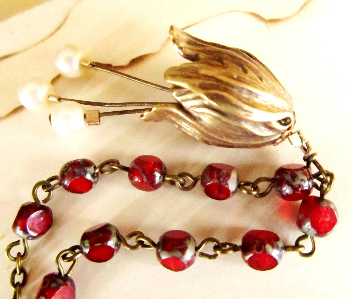 Valentine Red Necklace, Vintage Inspired, antique brass falling leaf, off white pearls FREE SHIPPING