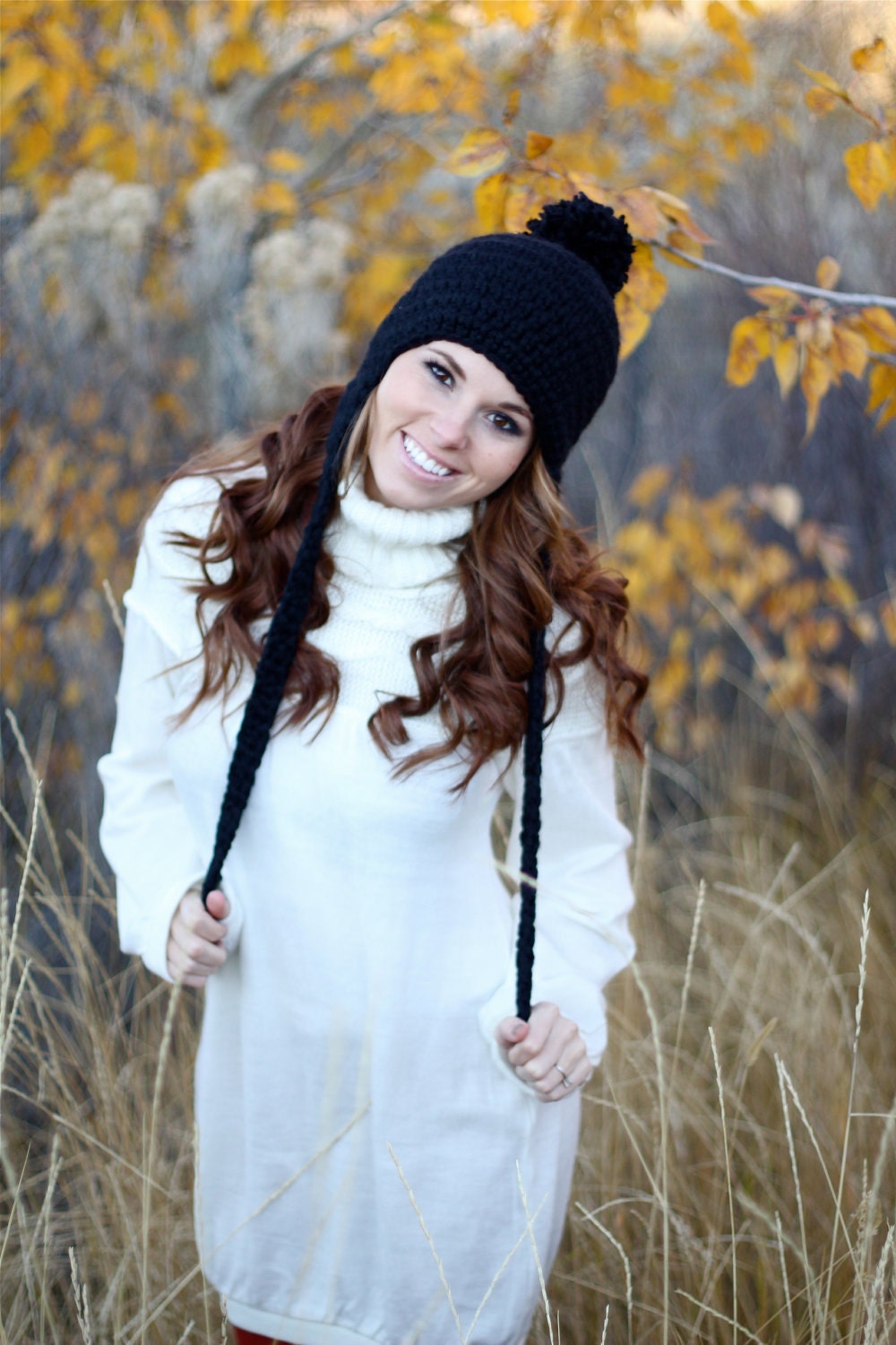 Crochet Wintry Hat with Big Puff Ball and Long Tassels