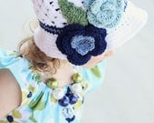 5/tween  Bucket Style Beanie crocheted hat with Flower boquet in white, denim, navy, soft teal, and sage