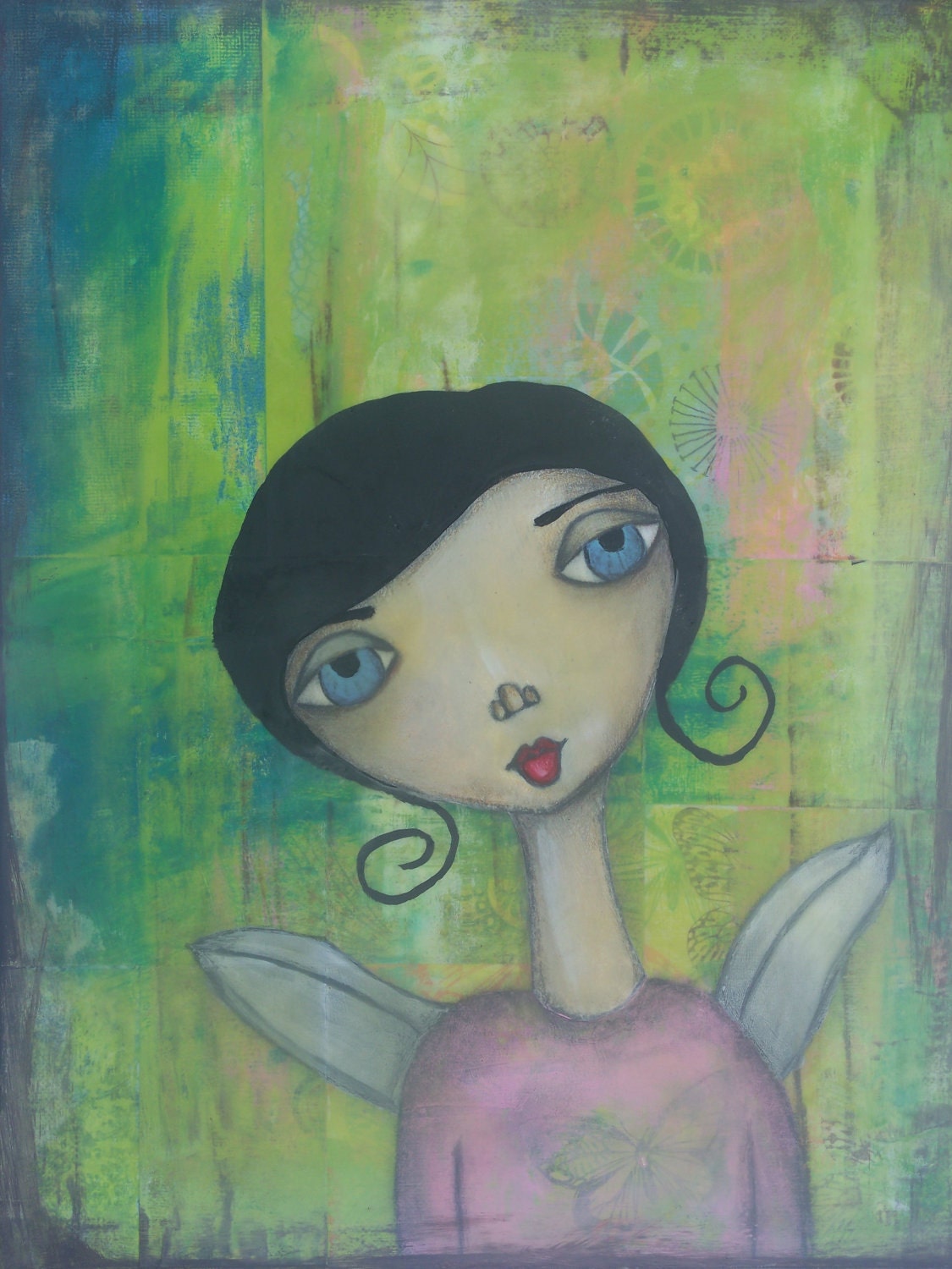 Mixed Media Original Painting "Bella" Whimsical Winged Girl