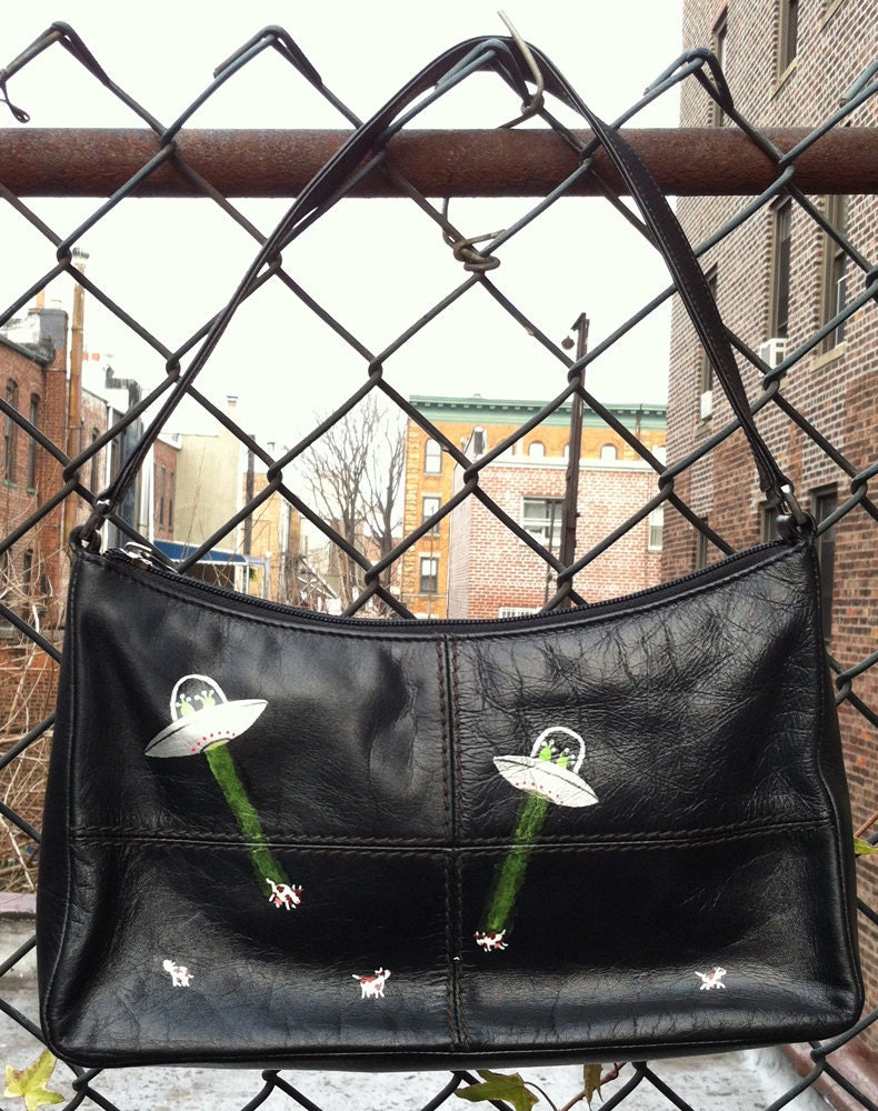 Three-eyed aliens abducting cows: Upcycled hand painted black leather A/X Armani Exchange purse