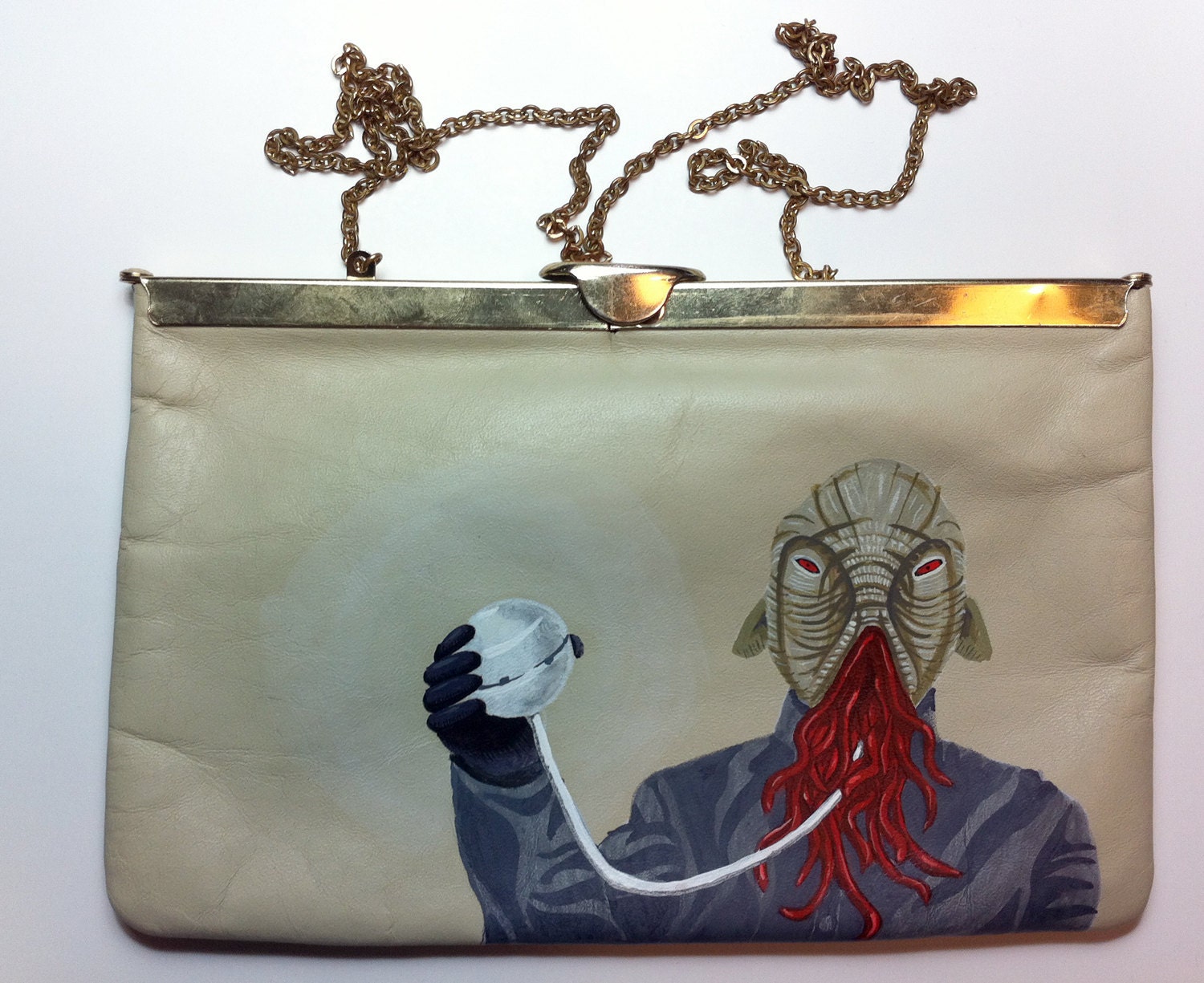 Dr Who's Ood: Upcycled hand painted vintage leather Etra clutch purse