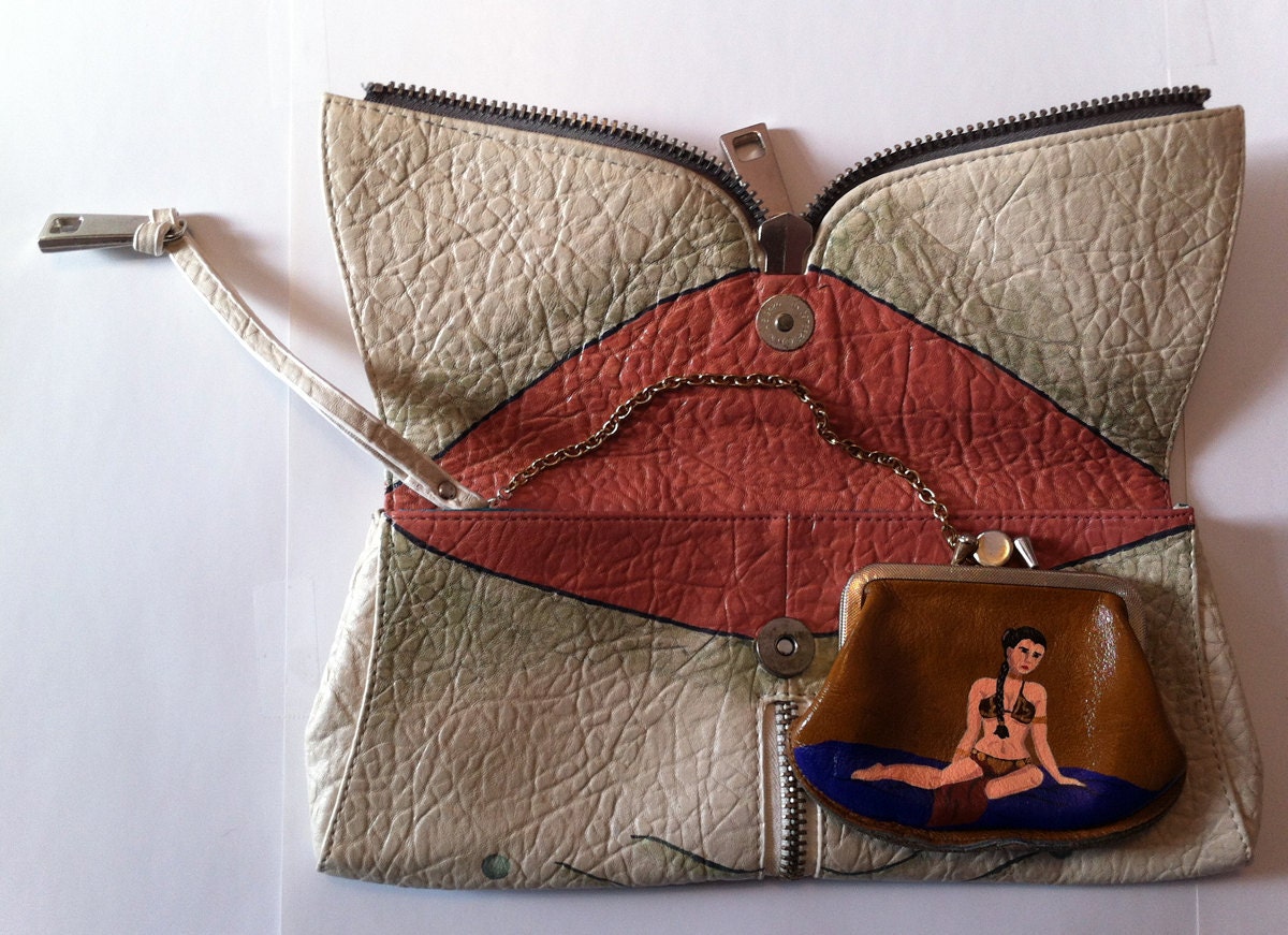 Star Wars: Jabba the Hutt clutch purse and Princess Leia coin purse. Upcycled and hand painted.