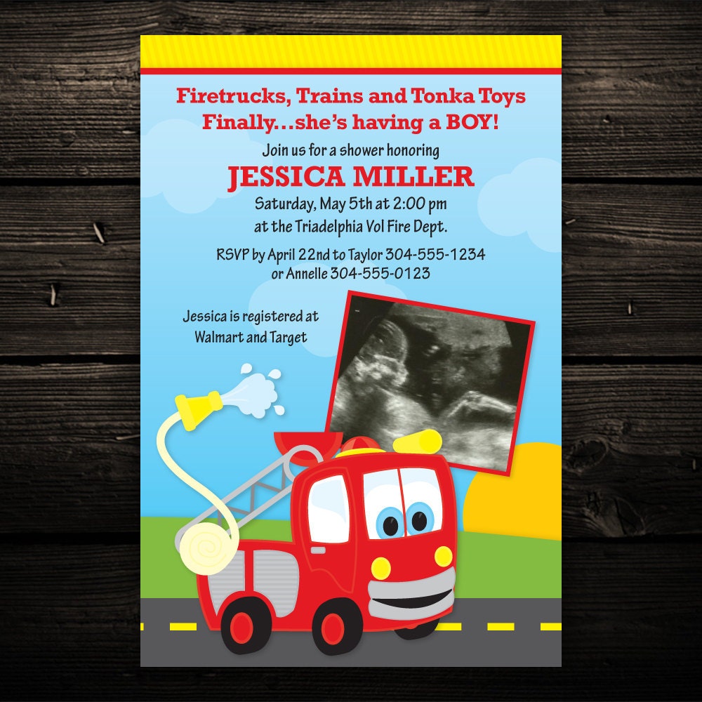 Fire Truck Firefighter Printable Baby Shower or Birthday Invitation -- Any Color
