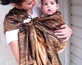 Golden, bronze and black paisley, brocade baby ring sling READY to ship NOW