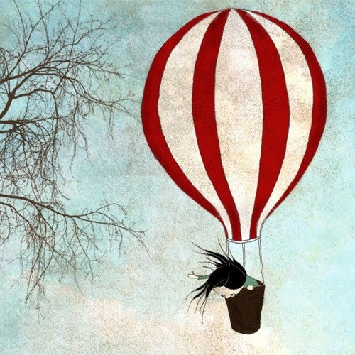 Up in the sky - A striped hot air balloon going up in the blue sky - Illustration print (4.7x4.7)