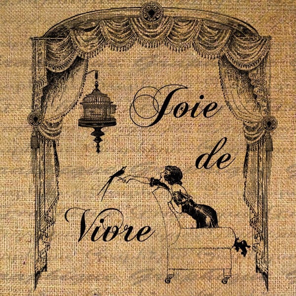 French Joie de Vivre Text Word Typography Bird Cage Lady Digital Image Download Transfer To Pillows Totes Tea Towels Burlap No. 1694