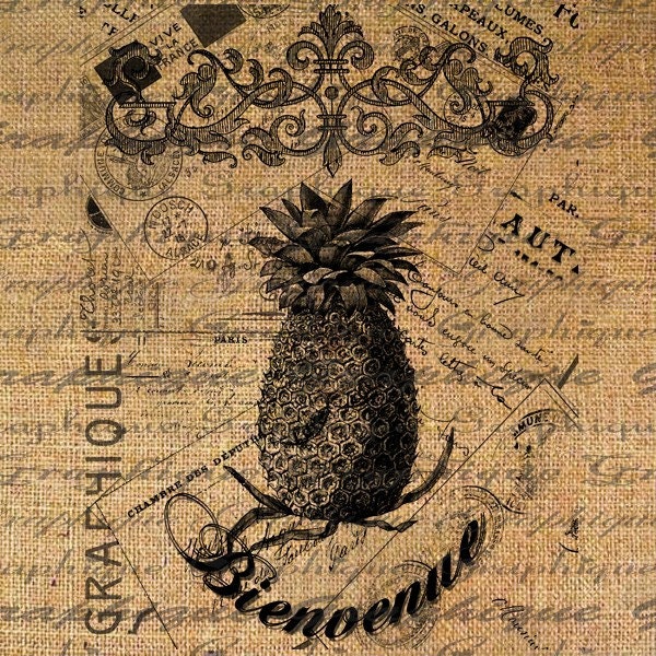 Post Cards PINEAPPLE Welcome French  BIENVENUE Text  Word Digital Image Download Sheet Transfer To Pillows Totes Tea Towels Burlap No. 2041