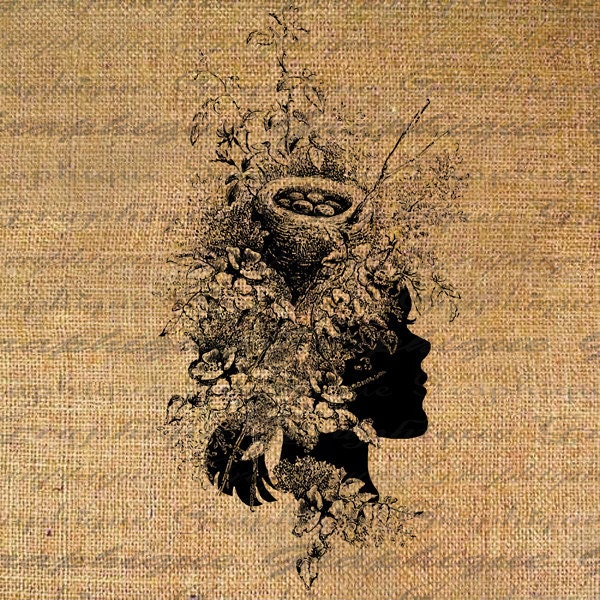 Floral Flowers Hair Series Birds Nest Eggs Hair Vintage Fashion Digital Image Download Transfer To Pillows Tote Tea Towels Burlap No. 2227