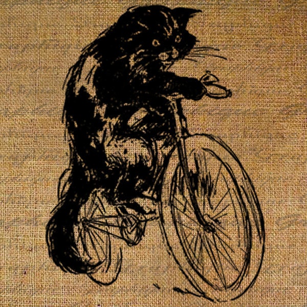 Cat Kitty Kitten Feline Rides Bicycle Bike Animal Digital Image Download Sheet Transfer To Pillows Tote Bags Tea Towels Burlap No.2749