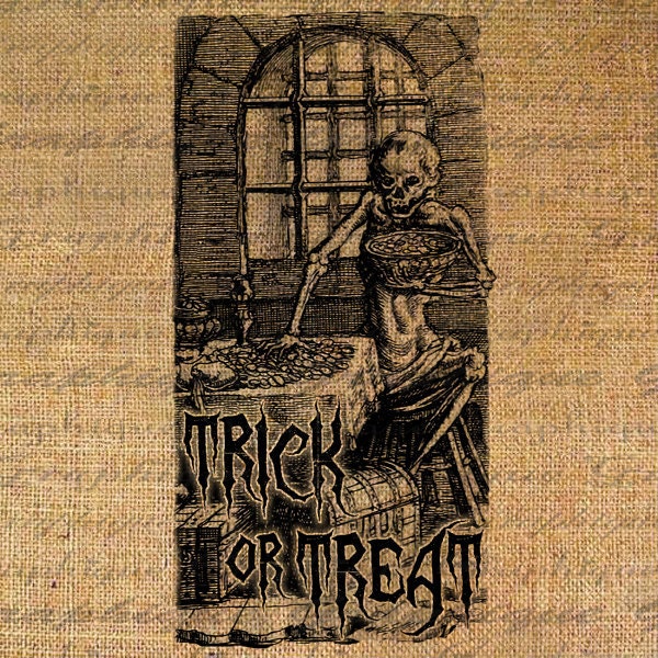 HALLOWEEN Digital Collage Sheet Burlap Fabric Transfer CrEEPy SkELEtoN TRICK or TREAT Text Iron On Pillows Tote Bags Tea Towels 3016
