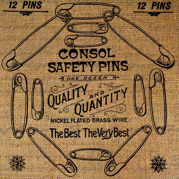 Sewing Sew Antique Safety Pins Collage Sheet Scrapbooking Clipart Digital Image Download Transfer To Pillows Tote Tea Towels Burlap No. 3111