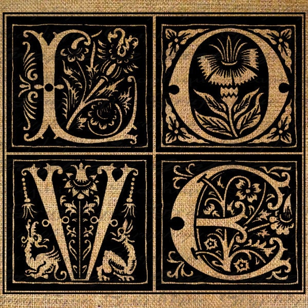 Fancy Vintage LOVE Word Letters Square Text Digital Collage Sheet Download Burlap Fabric Transfer Iron On Pillows Totes Tea Towels No. 1548