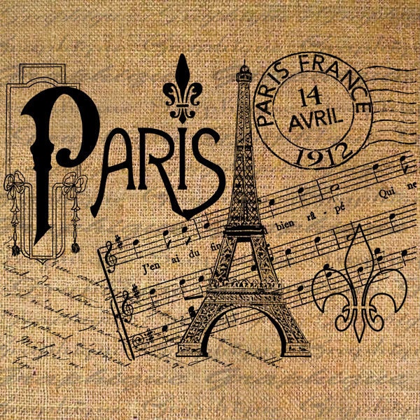 PARIS Eiffel POST MARK Music Writing Digital Collage Sheet Download Burlap Fabric Transfer Iron On Pillows Totes Tea Towels No. 4063