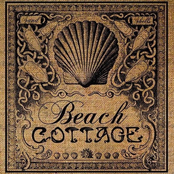 Beach Cottage Shells Ocean Seashore Digital Image Download Transfer To Pillows Tote Tea Towels Burlap No. 1737