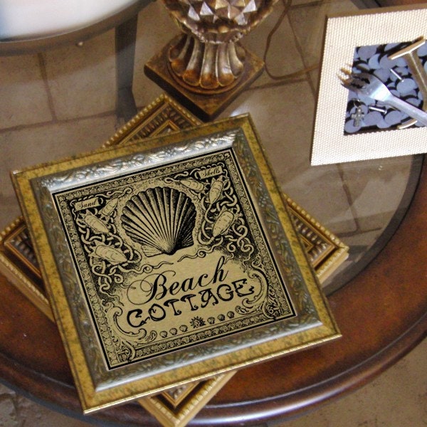 Beach Cottage Shells Ocean Seashore Digital Image Download Transfer To Pillows Tote Tea Towels Burlap No. 1737
