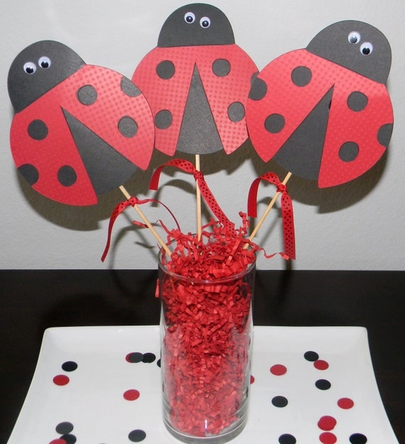 Lady Bug Centerpiece Picks- Set of 3 - Red and Black