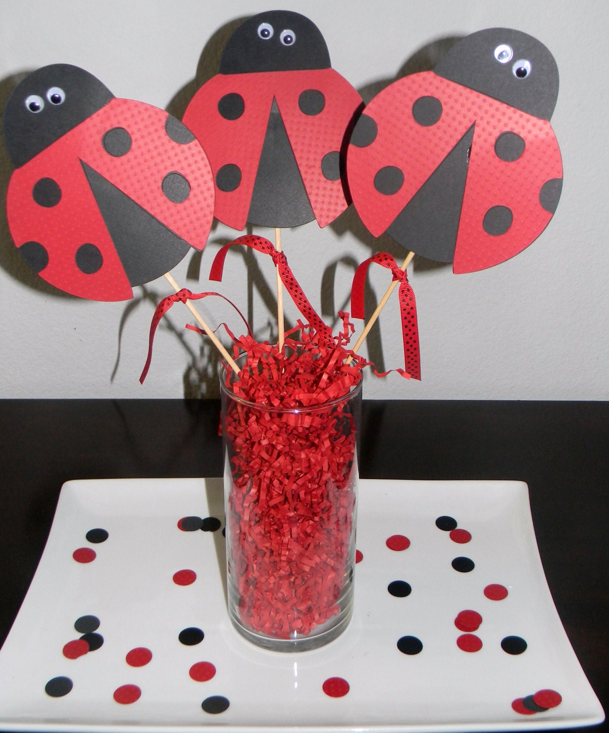 Lady Bug Centerpiece Picks- Set of 3 - Red and Black