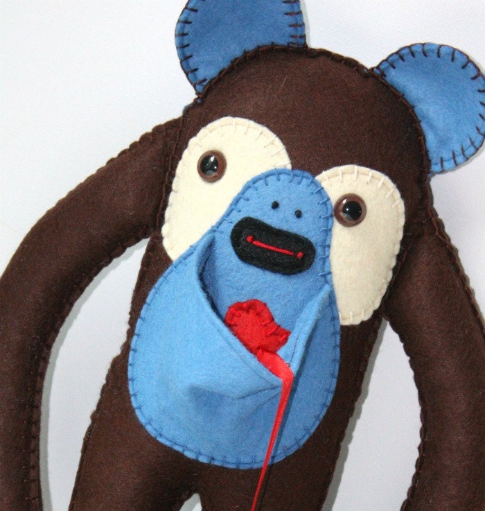 Felt Stuffed Plush Monkey Bear Animal, Cute Stuffed Plushie Animal, Blue and Brown Felt Toy