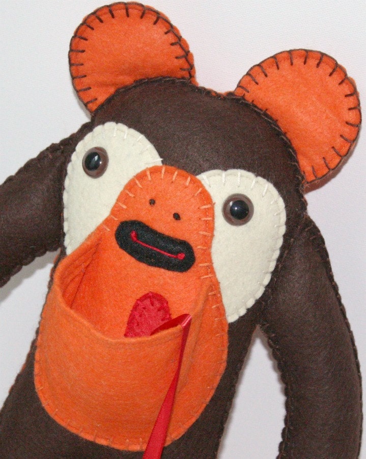 Felt Animal Stuffed Plush Monkey Bear, Brown and Orange Toy, Cute Plushie