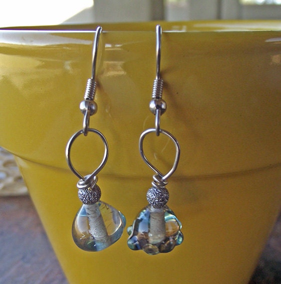 Odd Pear Shape Light Blue Silver Loop Lampwork Earrings.