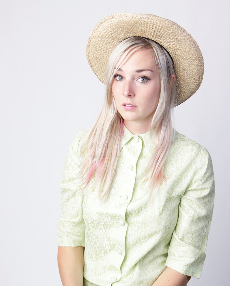vintage let's picnic straw hat with black bow summer women's made in USA one size fits all