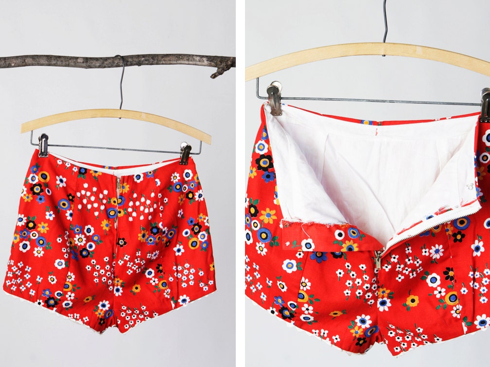 SALE vintage 60's flower print swimsuit  with high waisted shorts and bullet bra women's retro mod hip