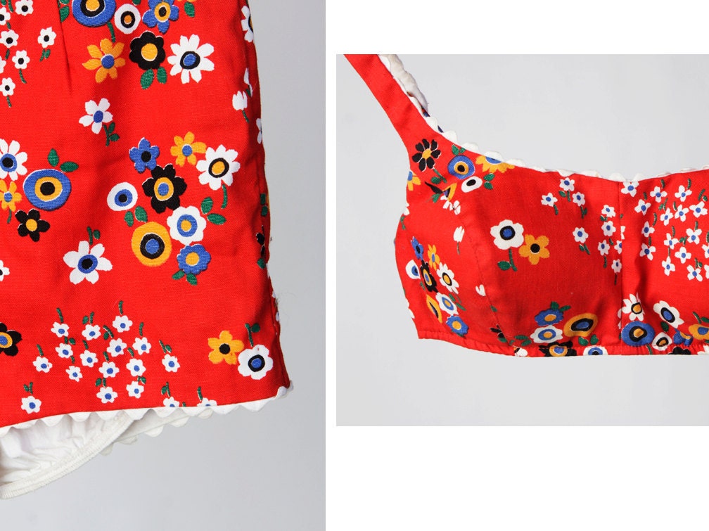SALE vintage 60's flower print swimsuit  with high waisted shorts and bullet bra women's retro mod hip