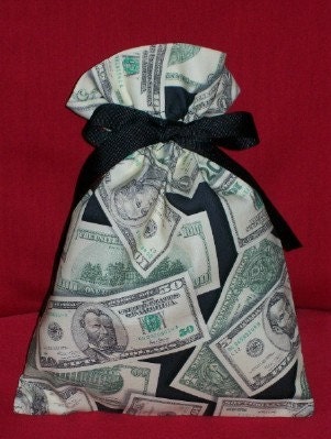 Money Small Fabric Gift Bag - Cash, Currency, Dollar Bill, Green, Black, Men, Graduation, Stocking Stuffer, All Occasion