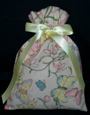 Butterflies and Flowers Pastel Small Fabric Gift Bag - Butterfly, Floral, Nature, Siimple, Pink, Yellow, Blue, Beige