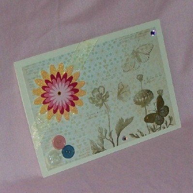 Butterflies and Flowers Blank Greeting Card - Nature, Simple, Pink, Yellow, Blue, Beige, Gold, All Occasion, Birthday