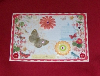 Red Glittery Flowers, Birds, and Butterflies Blank Greeting Card - Birdcage, Nature, Asian, Oriental, Jewels, Sparkle, Blue, Pink, Gold