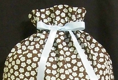 Pastel Blue Flowers on Brown Large Fabric Gift Bag - Floral, White, Simple, All Occasion