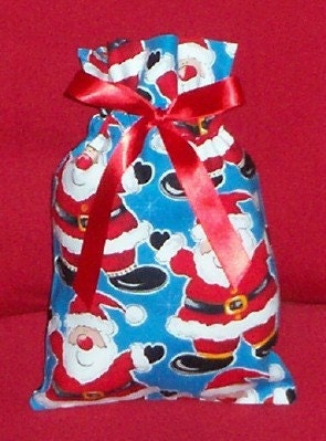 Santa Claus on Blue Small Fabric Gift Bag - Holiday, Christmas, Snowflakes, Red, Black, White, Teal, Jolly