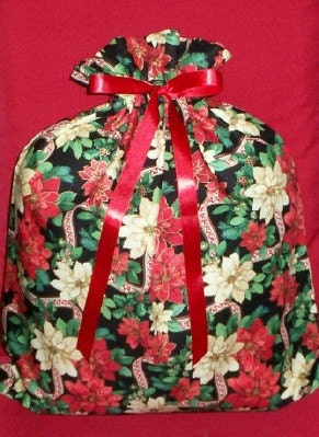 Christmas Small Poinsettias Large Fabric Gift Bag - Holidays, Decorations, Greenery, Red, Green, Black, Beige