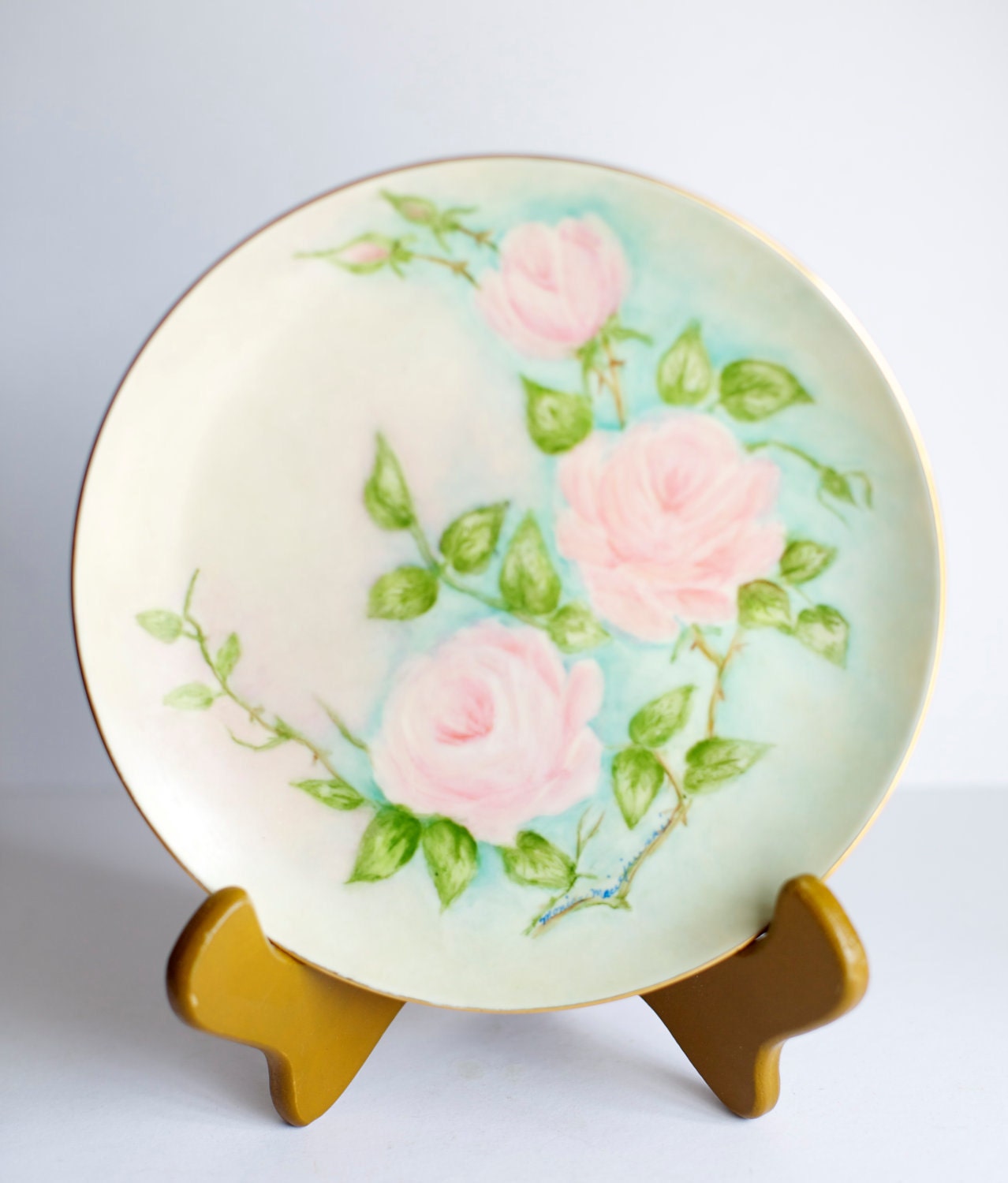 Hand Painted Plate Pink Rose 7 1/2 inches Cottage Decor