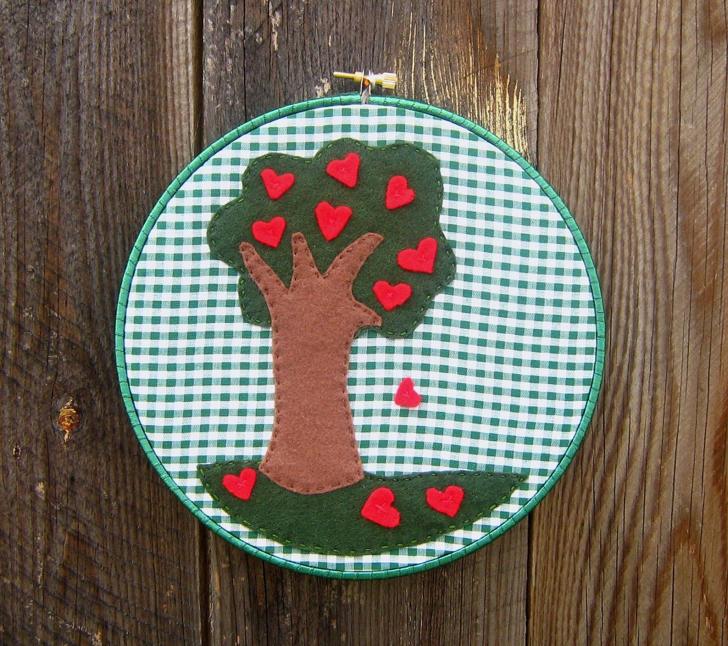 Embroidery Hoop Art- Green Red Felt Tree of Love