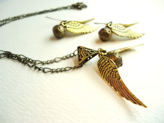 Steampunk Flying Orb & Golden Wings Necklace and Earring Set