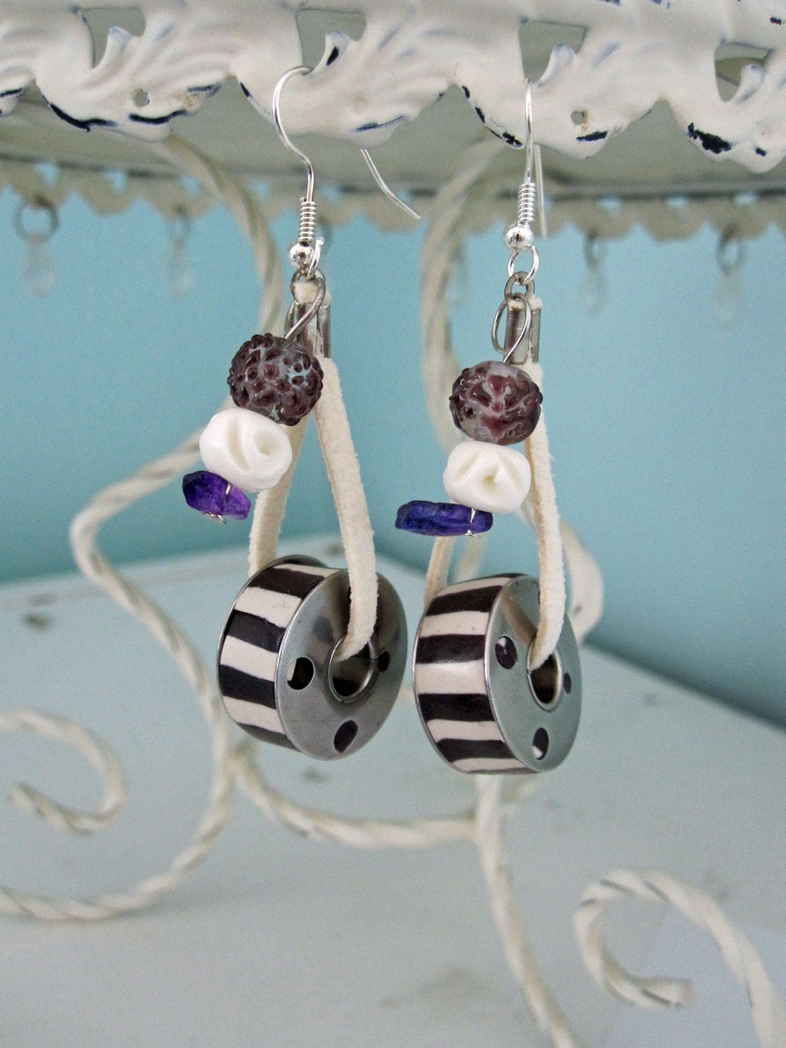 Sewing Machine Bobbin Purple Earrings, Bobbin Purple & White Striped Earrings